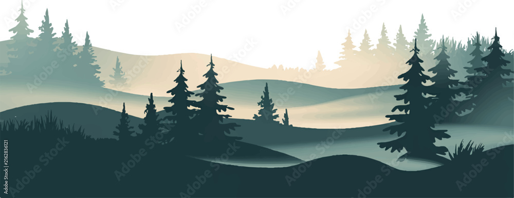 Naklejka premium Serene forest landscape with misty hills and silhouetted trees