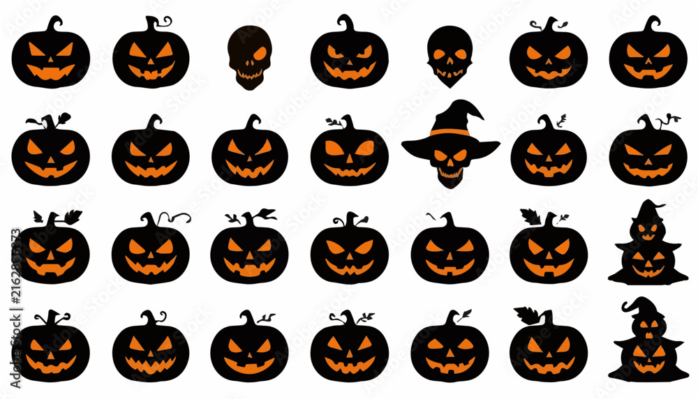 Fototapeta premium Halloween Pumpkin Set with Spooky Cartoon Jack-o-Lanterns, Bats, Ghosts, Witches, Cats and Skulls, Autumn Holiday Vector Illustration Collection