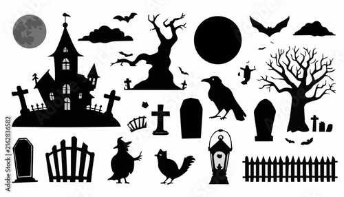 Spooky Halloween Vector Background with Pumpkins, Black Cat, Bats, Witch, Ghost, Spider, Skull and Moon Silhouettes for a Scary Night Holiday Design