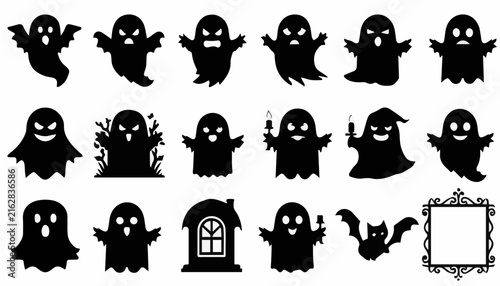 Halloween People Silhouettes Set with Pumpkin, Skull, Ghost, Bat, Cat, Witch and Spider Icons, Spooky Vector Illustration for Holiday Design and Seamless Patterns