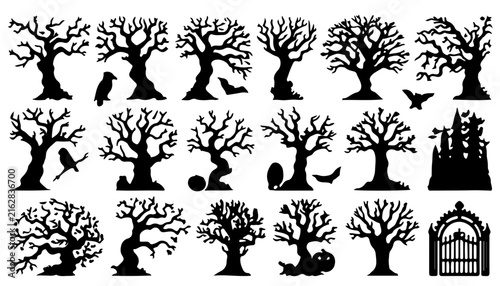 Set of Black Tree Silhouettes, Forest Plants and Nature Elements, Vector Illustration Collection with Oak Trees, Branches, Leaves, Roots and Floral Designs
