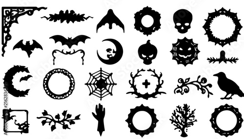 Black Animal and Plant Silhouettes Vector Set with Gear, Cogwheel, Flower, Circle, Wheel, Machinery and Decorative Ornament Icons for Design and Illustration