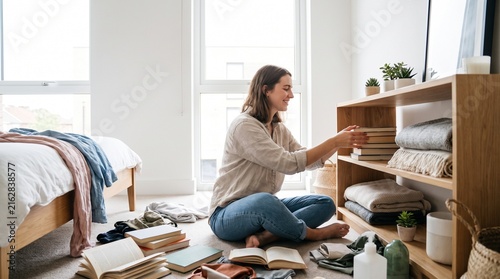 Young Adult Organizing a Bedroom into a Clean and Tidy Space