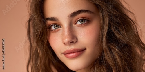 Serene  Young Woman with Natural Beauty and Minimal Makeup Against Soft Peach Background, Ideal for Wellness and Skincare Concepts