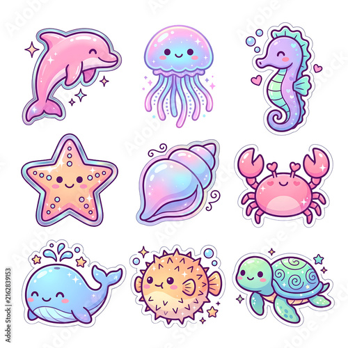 Cute Sea Animal Sticker Set, Pastel Ocean Creatures Dolphin Jellyfish Seahorse Starfish Crab Whale Pufferfish Turtle Illustration