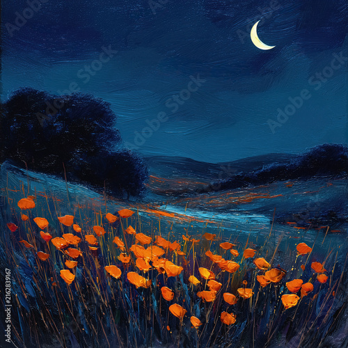 Meadow of flowers at night