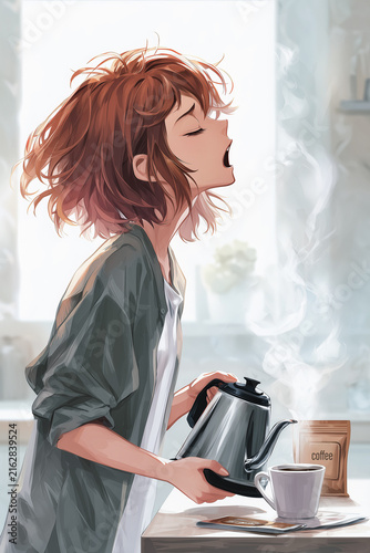 Tired woman making coffee
