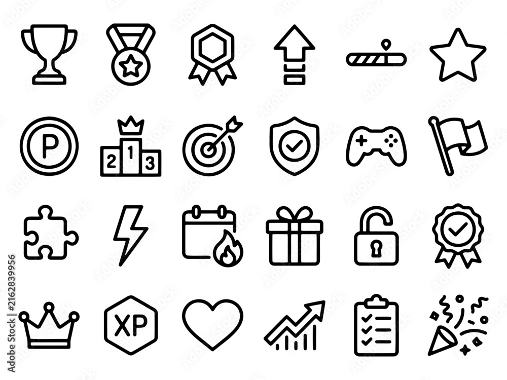 Fototapeta premium Gamification and achievement line icon set featuring trophies medals levels badges stars victory elements, pictogram