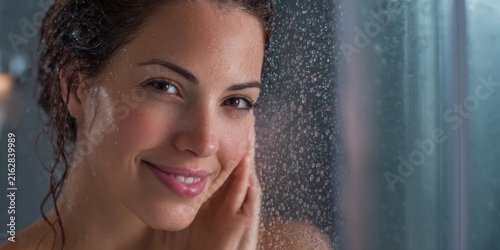 Woman Enjoying Refreshing Shower Experience with Soft Lighting and Water Droplets on Glass Enclosure in Contemporary Bathroom Setting