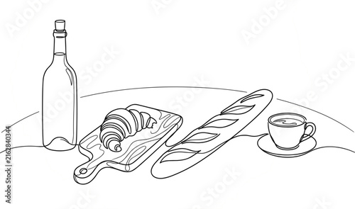 Traditional French breakfast scene with wine bottle croissant on a wooden board baguette and hot coffee cup vector
