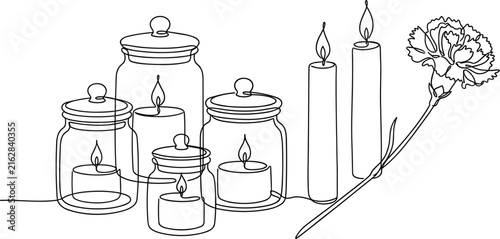 Burning candles in glass jars arranged with lit pillars and a single carnation flower vector line illustration