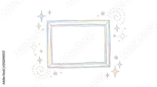Hand-drawn empty picture frame surrounded by colorful stars and sparkles on white background