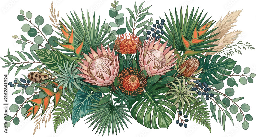 Fototapeta premium Pink protea king flowers orange heliconia and green tropical leaves