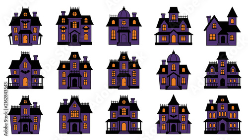 Halloween haunted houses vector icons set featuring spooky mansions and creepy buildings halloween silhouette building architecture illustration collection decoration