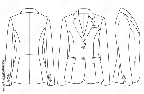 Women’s Blazer Technical Fashion Flat Sketch with Front Back and Side Views