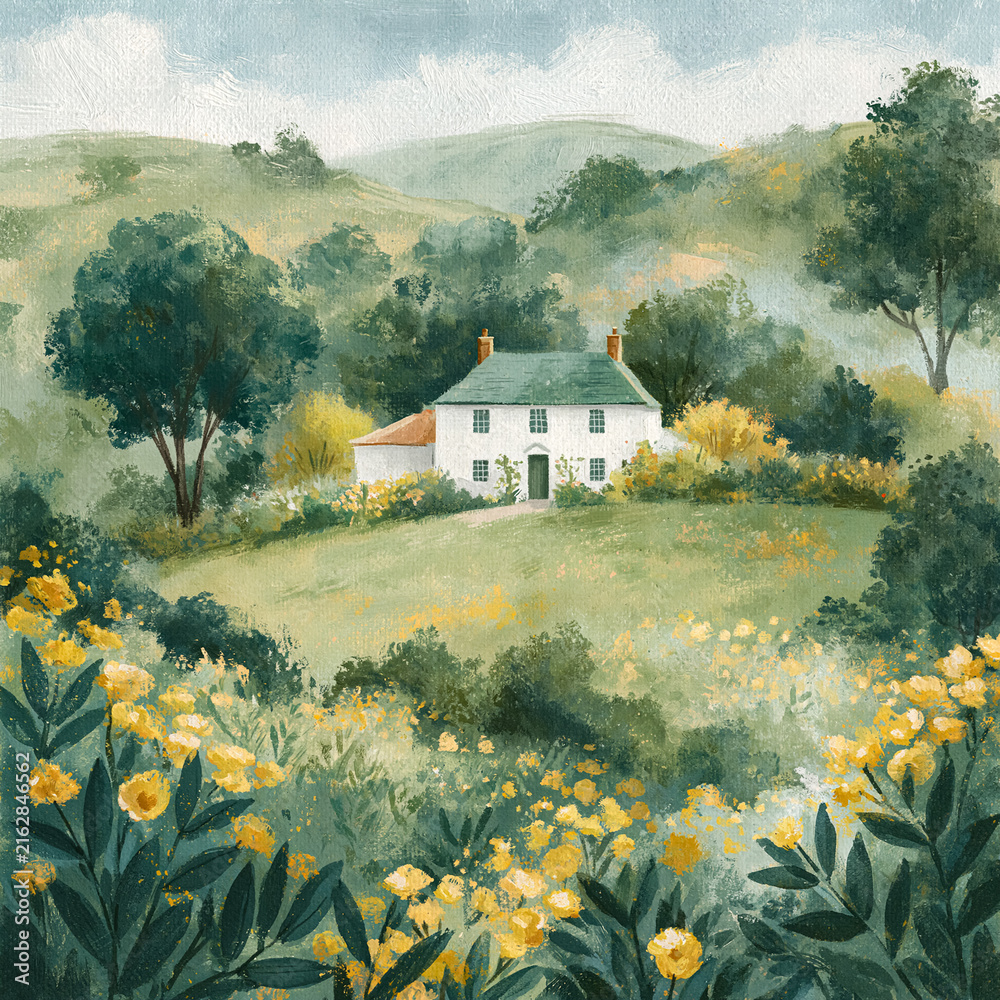Naklejka premium Idyllic countryside scene depicting a charming white cottage with a green roof, set against a backdrop of soft hills and vibrant flora