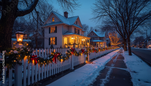 The house is beautifully decorated with lights for Christmas.