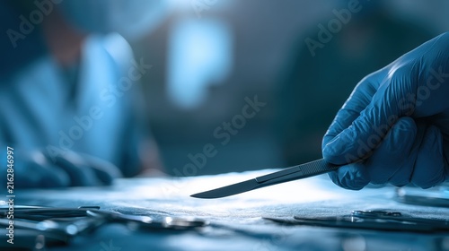Close-up of a Surgeons Hand Holding a Scalpel in a Surgical Environment with Focus on Surgical Tools and Medical Personnel in the Background