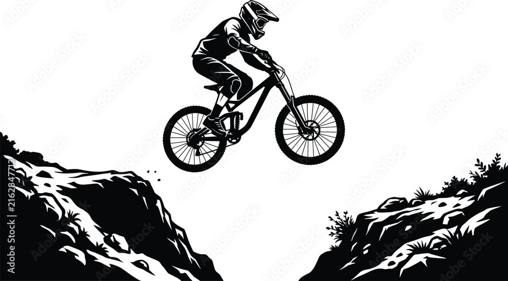 Fototapeta premium Mountain Biker Jumping Over Rocky Gap Vector Illustration for Extreme Sports and Adventure Designs
