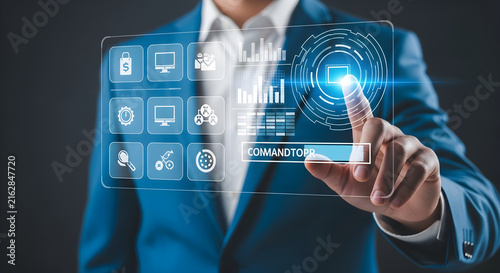 Businessman interacting with a futuristic digital interface featuring data analytics icons and cyber security management tools for professional business innovation