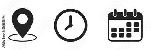 Date time location icon set, calendar schedule clock and map pin symbols for business planning, corporate workflow, event scheduling, appointments, and organization.  