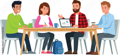 Diverse University Students or Young Business Professionals Sitting Around Table Meeting and Collaborating on Project with Laptop and Notebook Cartoon Vector