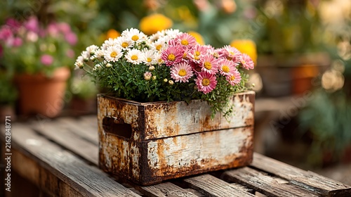 Spring Flowers in a Wooden Garden Box with Colorful Blossoms, Green Leaves and Vibrant Floral Beauty for Seasonal Gardening and Natural Decoration