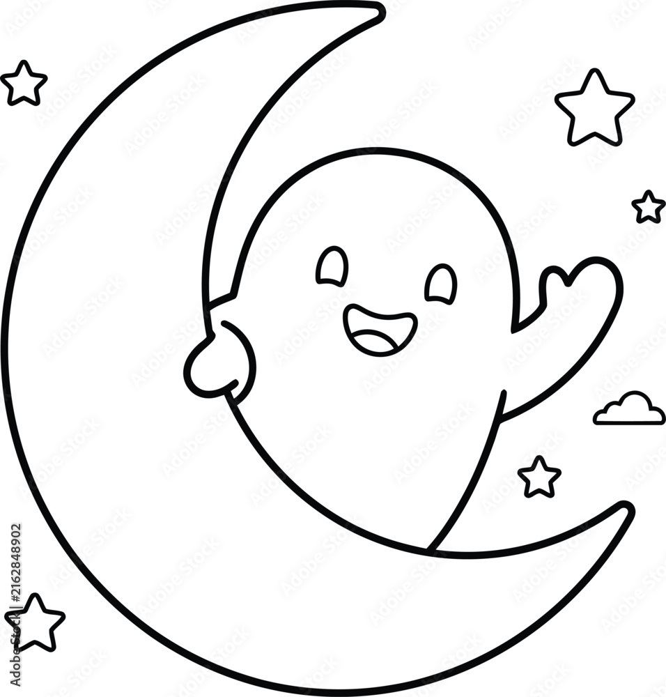 Fototapeta premium Cute cartoon ghost character waving hand sitting on a crescent moon with stars in night sky