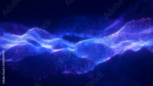 Glowing blue and purple particles flow and pulse forming wave-like shapes on a dark digital background. Animated background combines glowing light with layered depth.