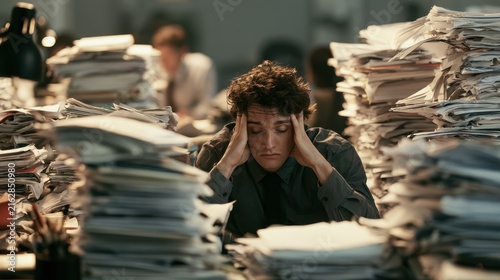Overwhelmed office worker surrounded by piles of paperwork and stress in a cluttered workspace, depicting modern workplace challenges and anxiety