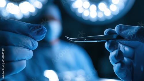 Surgical Precision in Operating Room with Medical Instruments and Hands of Surgeon Ready for Procedure Under Bright Operating Lights
