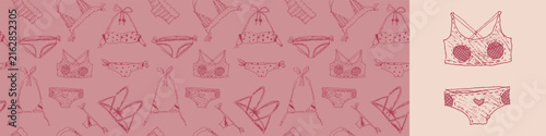 Seamless vector pattern with hand drawn lingerie, underwear and swimwear for textile design, beachwear, packaging, wallpaper, wrapping paper and fashion branding.