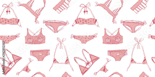 Seamless vector pattern with hand drawn lingerie, underwear and swimwear for textile design, beachwear, packaging, wallpaper, wrapping paper and fashion branding.