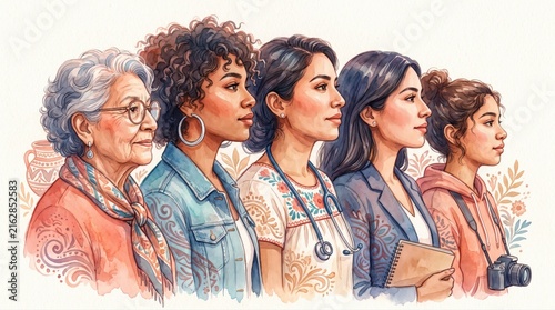 Illustration depicts a diverse group of Latin American women across generations, representing various modern professions and lifestyles. This signifies empowerment and community.