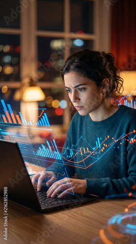 Young woman working on laptop with futuristic glowing data charts symbolizing analysis, technology, and business growth