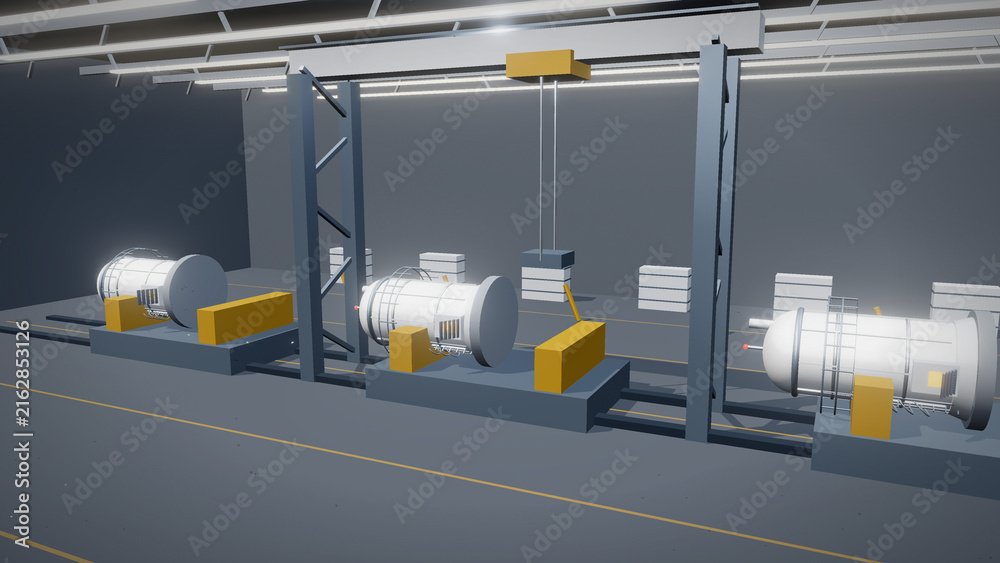 Naklejka premium Reactor modules on assembly jigs inside a module fabrication hall view 1