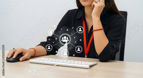 Professional Businesswoman Using Digital Networking Interface for Corporate Team Management and Online Human Resource Communication Strategy