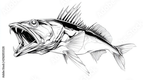 Detailed Line Art Illustration of a Fish with Open Mouth