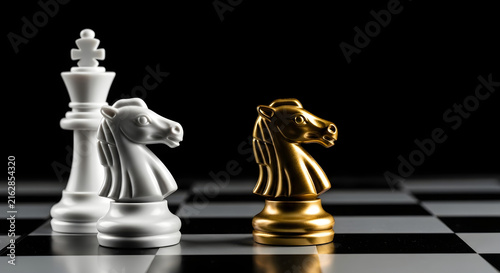 Strategic White Chess Pieces Facing A Golden Knight Concept Representing Leadership Challenges And Competitive Business Decision Making