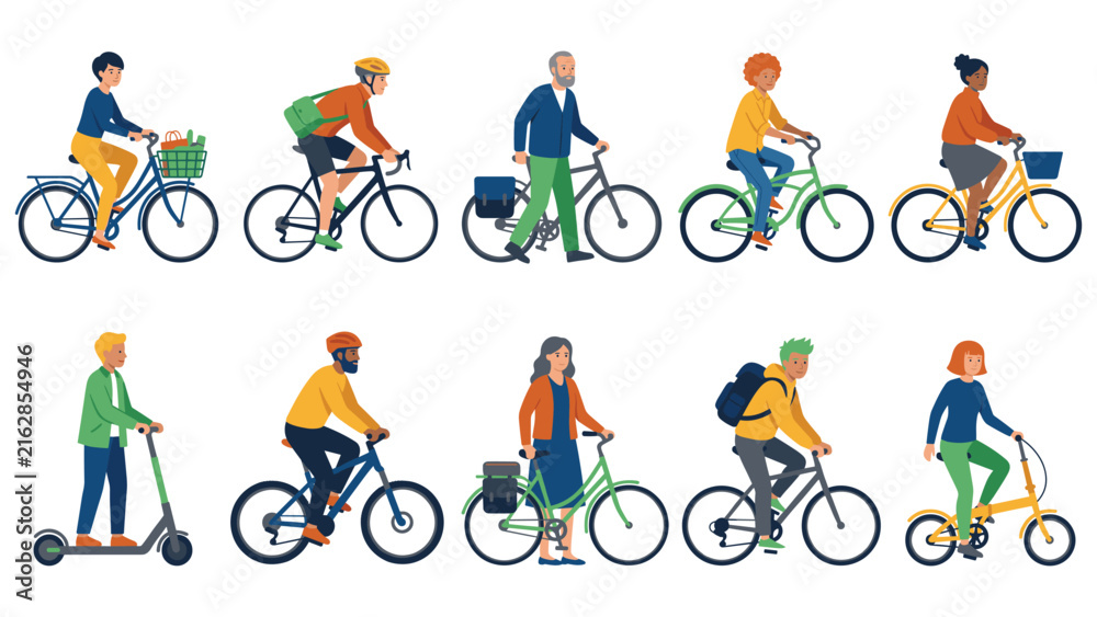 Fototapeta premium Diverse group of people riding bicycles and electric scooter set.