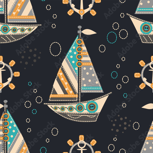 Seamless nautical pattern featuring sailboats, anchors and bubbles in dark blue, cream, turquoise and orange shades for stylish design projects