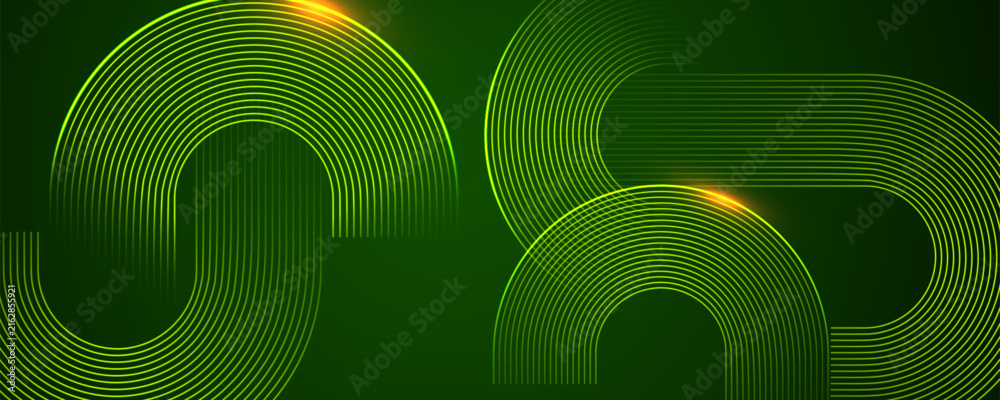 Fototapeta premium Green abstract background with glowing curved lines, smooth loops and modern geometric pattern. Vector illlustration.