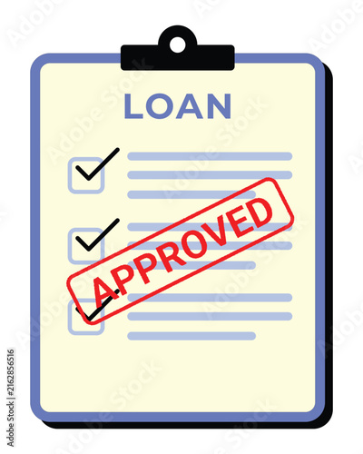Digital illustration depicting an approved financial loan application on a clipboard, symbolizing successful credit acquisition and granted funding