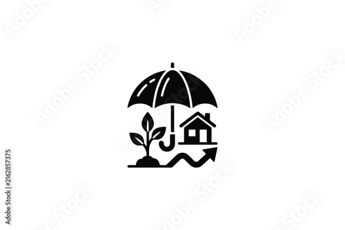 Black icon depicting home insurance concept with umbrella shielding plant house and growth arrow.