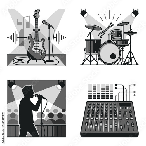 Audio production and live concert equipment illustration set.