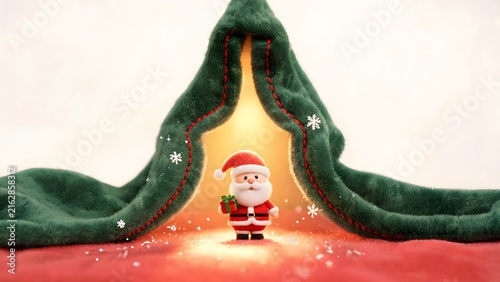 Santa Claus lifts the green velvet curtain to appear—holiday surprise image