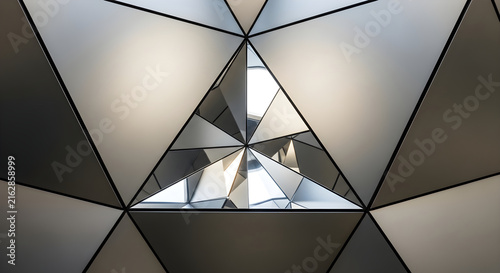 Abstract Geometric Architecture Featuring Reflective Metallic Triangular Patterns and Modern Structural Design Elements