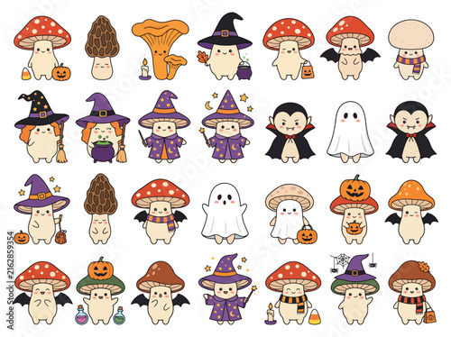 Collection of cute hand drawn mushroom characters dressed for halloween party