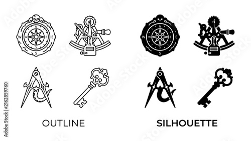 Bild auf Leinwand Nautical and Maritime Symbols: A collection of detailed graphic elements representing nautical and maritime themes, including compasses, anchors, astrolabes, drafting tools, and ornate keys