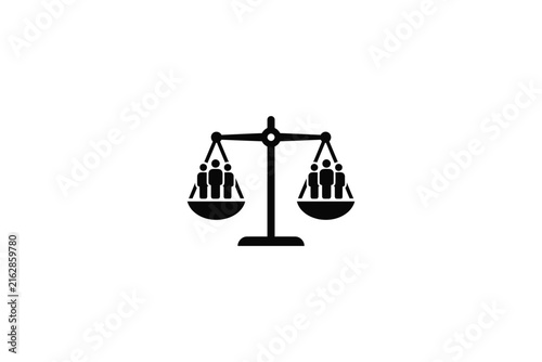 Black icon of balance scales weighing groups of people representing equality and justice.